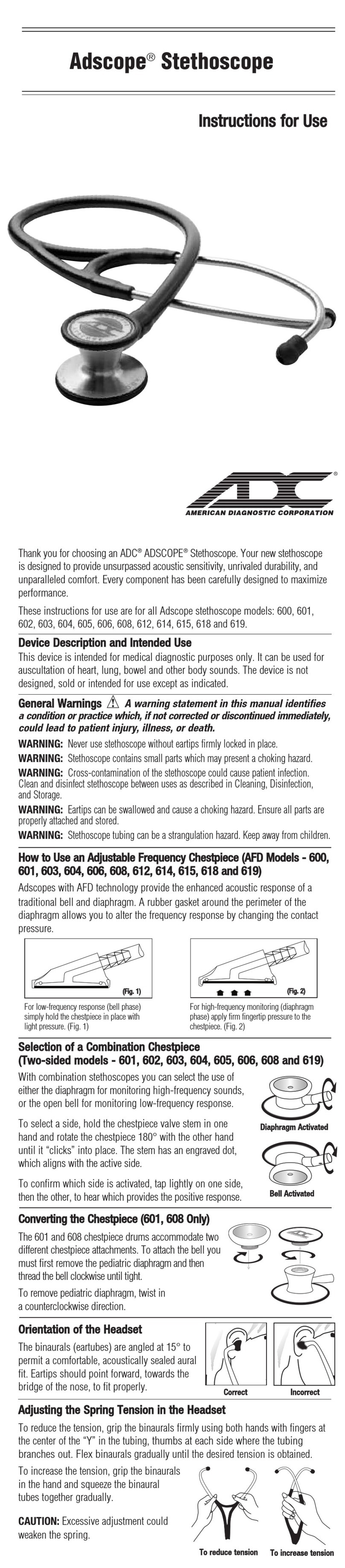 ADC Adscope Stethoscope 600 Manuale utente